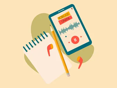 Online podcast listening flatlay 2d design flat flatlay illustration vector