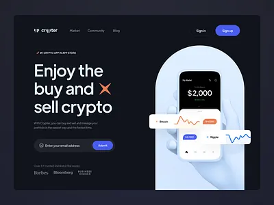 Crypter Hero Header - Dark blue card clean coin crypto cryptocurrency dark design exchange graph hero header invest landing minimal trade ui unarshia ux wallet web