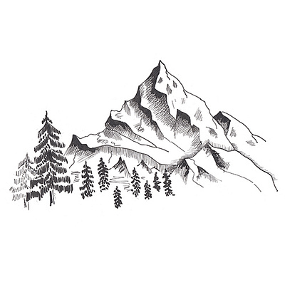 Mountain sketch. Hand drawn black mountains and forest hand drawn