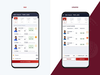 Cricket.com Design Updations_5 app create team cricbuzz cricket design dream 11 fantasy cricket fantasy sports minimal mobile players players ui sports team ui ui uiux ux