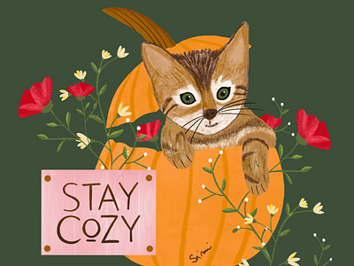 Illustration of Kitten in Halloween Pumpkin animal artist autumn cat decoration design digital art drawing fall flat flowers green halloween illustration marketing motion graphics nature print procreate pumpkin