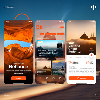 Behance Travel and Adventure App app behance branding cristo redentor design dutra figma home intro mobile photography rio de janeiro shop ui unsplash ux