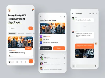 Event & Party UI activity alcohol app card chat chat app communicate dark mode design dinner party event game party room escape script kill social contact ui wine bureau