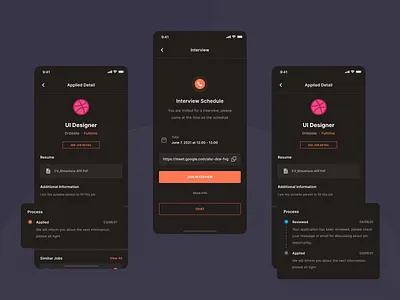 Joboard - Applied Detail Screen (Dark Mode) app apply detail apply status dark mode employee employer hiring hiring platform interview ios app job job board minimal mobile ui ui kit ux vacancy