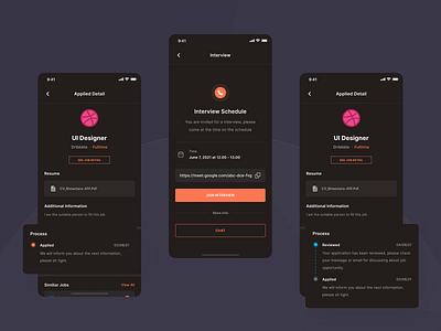 Joboard - Applied Detail Screen (Dark Mode) app apply detail apply status dark mode employee employer hiring hiring platform interview ios app job job board minimal mobile ui ui kit ux vacancy