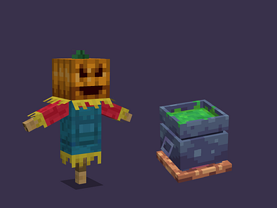 Scarecrow and Cauldron 3d blockbench cauldron halloween minecraft modeling scarecrow