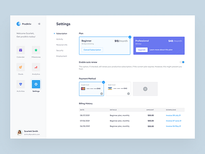 Productivity app app clean dashboards design essentialist minimal payment history payments plans product design settings ui subscription page subscription plans ui ux web app web design web ui website applications website ui