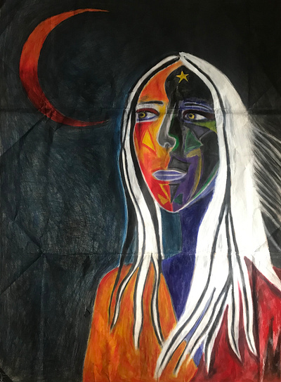Polarity and Connections of the Psyche (2021) light and dark midnight blue sky pastel primary and secondary red orange moon shapes traditional