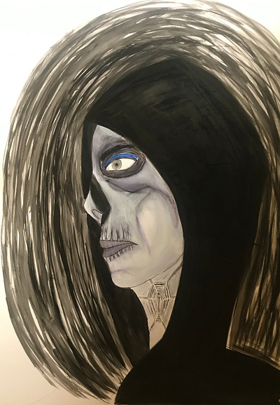 Undead (2021) cloaked figure dark art dark themed half skeleton features halloween illustration pen and drawing ink traditional unusual coloured skin