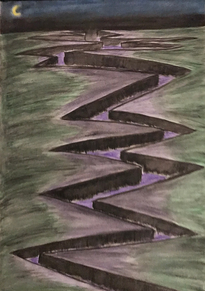Night Landscape dark colours dimensional drawing and painting night traditional watercolour