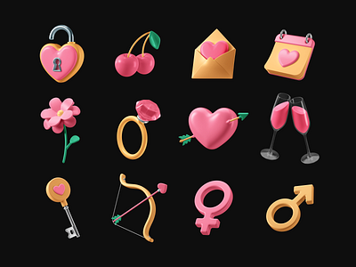 3D Icons Pack - Romance 3d design 3d icon 3d modeling 3dicon 3dicons c4d cinema 4d colors date dating icon icon design render romance ui