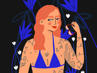 Jungle beach bikini cool girl fashion flowers ginger girl girlwithtattoos illustration jungle plants redhair redhead sun sunglasses swim swimsuit tattoos tropical woman