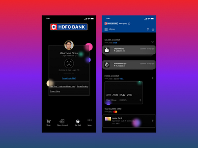 HDFC Bank App apple bank dailyuichallenge design faceid glassmorphism hdfc illustration india ios logo ui ux vector