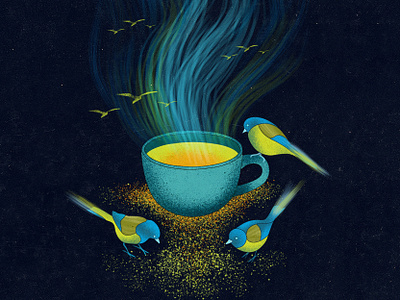 Tits and tea art birds blue concept creative design cup dark design illustration illustration art tits