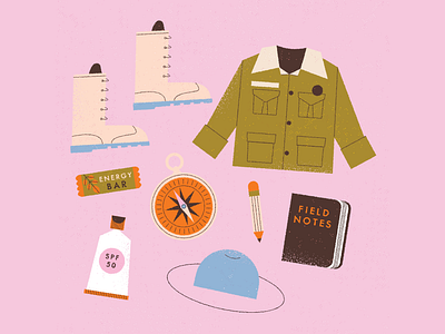 vectober // 16 // compass boots compass energy bar hat jacket notebook pencil retro scout texture