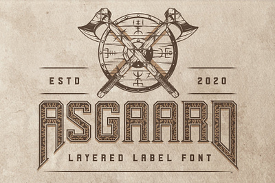 Asgaard layered label font abc alphabet branding capital design font graphic hand drawn illustration layer letters logo multilingual numbers poster symbols t shirt typeface typeography vector