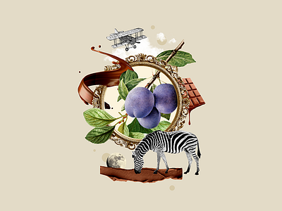 Plum in Chocolate - Digital Collage chocolate collage collageart collagevisual design designart fruit illustration plane plum poland polska poster violet wedel zebra