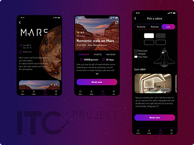 Space travel iOS application 8px grid app application booking dark theme design flights ios mobile space teamwork travel ui ux