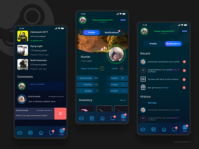 Redesign Steam Mobile Part 2 (Profile & Notifications) app design design futuristic game design games minimalism modern notifications profile steam steam mobile ui ui design ux valve