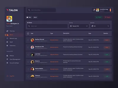 Talon Web App Alerts Screen UI alerts dark dashboard dashboard dashboard items dashboard table grid view list minimal table view talon ui uiux webapp