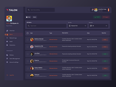 Talon Web App Alerts Screen UI alerts dark dashboard dashboard dashboard items dashboard table grid view list minimal table view talon ui uiux webapp