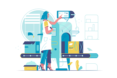 Conveyor app background branding business cartoon design flat hand icon illustration internet logo person technology ui vector woman