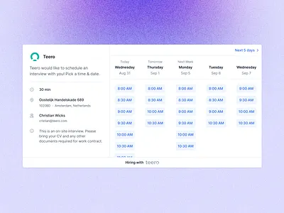 Schedule - pick a time calendar calendly choose time crm interview interview time job lever pick time recruiting savvycal schedule select time set up schedule set up time teero time time slot week week view