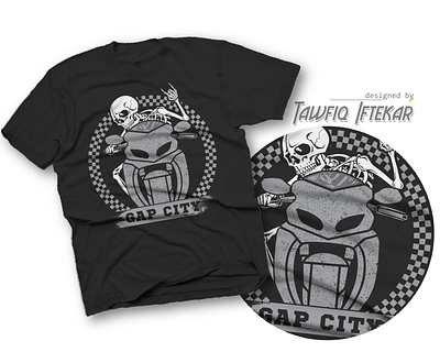 Gap City automobile company ghost rider motorcycle motorcycle race repair shop skelton sports bike t shirt design