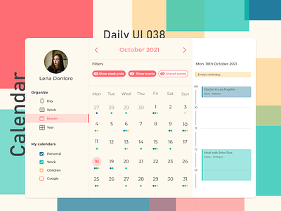 Daily UI #038 - Calendar 038 adobe xd agenda calendar challenge colors create daily ui day design graphic design illustration ipad month october tablet ui ux week year