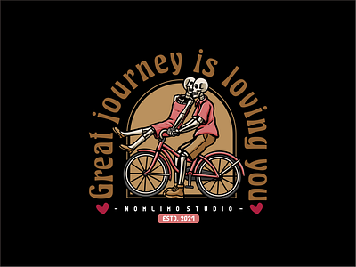Two Skull Sweet On Ride Bike badge bike both cartoon distressed heart illustration kiss logo love old retro ride romantic skull sweet together tshirt design typography vintage