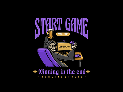 Skull Drunk When Starts Game alone badge beer cartoon cheers computer console distressed drunk game illustration logo old play retro sitdown tshirt design typography vintage workspace