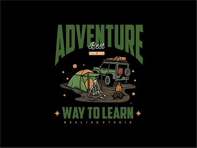 Skull Enjoy Adventure Camp adventure badge camp campervan campfire cars cartoon chill distressed enjoy illustration logo night old retro sitdown skull tshirt design typography vintage