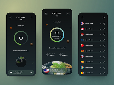 GLOBAL VPN App - UI UX Design animation app design clean design clean ui connect dark mode app dark ui ios app security ui ui design ui ux design vpn vpn app vpn app design world connect world connect app