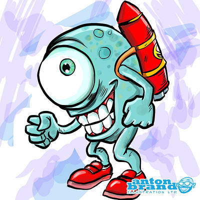 Monster with a rocket on his back cartoon character humour illustration
