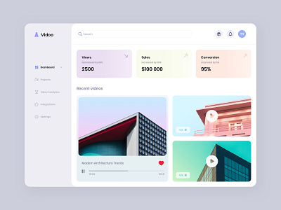 Vidoo – video management app analytics app architecture conversion customize dashboard design edit integrations interface layout play projects sales stats ui ux video view web app