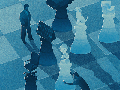 Working remote - who wins and who loses blue chess editorial grain illustration magazine people remote science work working