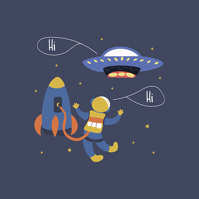 Astronaut and UFO in space astronaut flying saucer hand drawn illustration outer space ufo vector