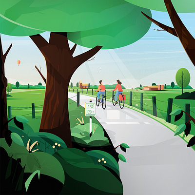 VisitBrabant - Fietskaart Brabant Noordoost animation bag balloon brabant cow cycle cycling design farm graphic design gras holland illustration landscape leafs lights netherlands plants shadows tree