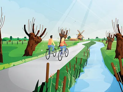 VisitBrabant - Fietskaart Brabant West bike brabant cow cycle cycling farm holland illustration landscape nature netherlands river route sky trees windmill