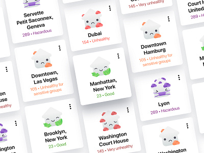 Dashboard Card UI air app aqi cards clouds components design drop shadow emoji face floating good happy house leaf pollution quality sad ui unhealthy