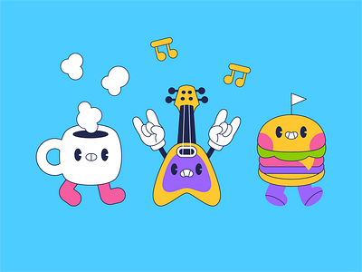 Friends rockin together character design coffee friends guitar hamburguer rock