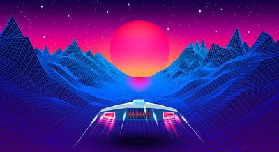 Arcade space ship flying to the sun 3d 80s arcade blue cyberpunk grid illustration landscape mountains neon purple retro retrowave space spaceship sun synthwave vector