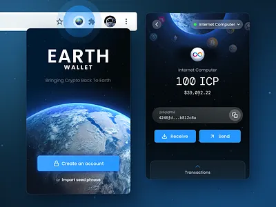 Earth Wallet UI app design bitcoin blockchain blue carbon chrome extension crypto crypto wallet digital assets earth ethereum glow internet computer nfts space ui ui design uiux wallet web app