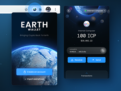 Earth Wallet UI app design bitcoin blockchain blue carbon chrome extension crypto crypto wallet digital assets earth ethereum glow internet computer nfts space ui ui design uiux wallet web app