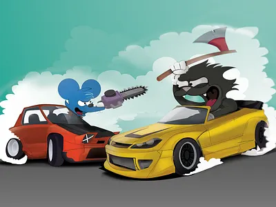 Itchy & Scratchy drift battle ae86 automotive automotive art cars digital art digital illustration illustration silvia simpsons vector