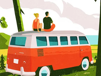 VW in the USA bird boat bold cargo color palette colorful contemporary design digital painting eagle flowers illustration landscape minimalistic totem trees usa volkswagen