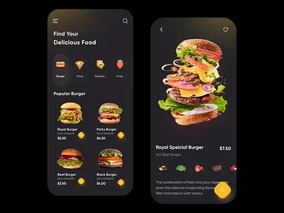 Food Delivery App - UI UX Design app design burger app clean ui dark mode dark mode app dark mode ui delivery app food app food app dark food app dark mode food delivery app food menu design fruits app ios app pizza app restaurants app ui ux design