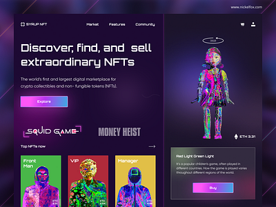 NFTs Marketplace Squid Game Concept 3d art buy crypto cryptoart di fi ethereum futuristic glitch interface market neon nft squid game token trading ui ux web web design website