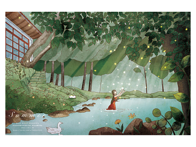 summer animal design girl illustraion illustration 古屋 夏季 森林 水彩