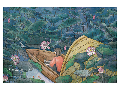 summer animal design girl illustraion illustration 夏季 水彩 船 荷花